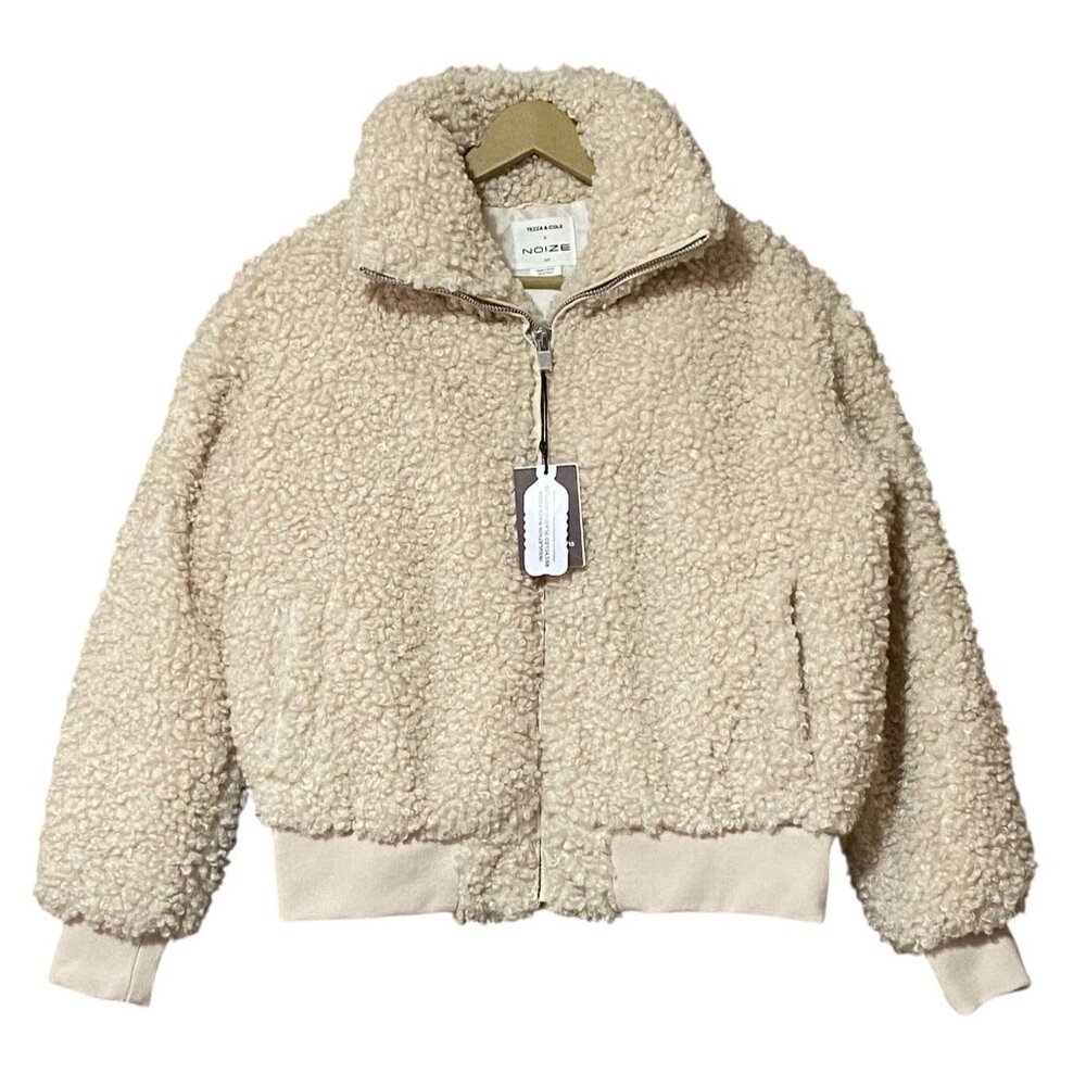 Tezza & Cole x NOIZE Curly Teddy Fleece Bomber Jacket Cream Small NWT